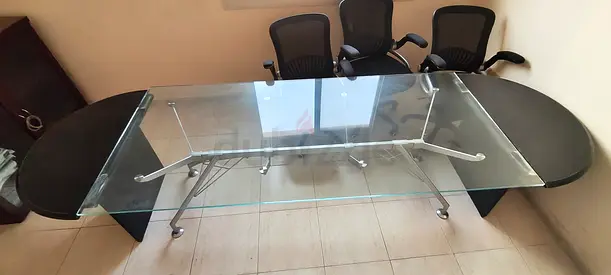Glass Top Office Desk with Black Side Cabinets and Glass Shelf