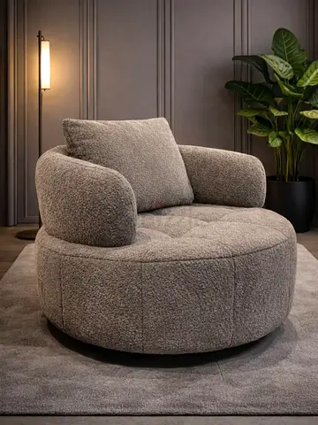 Round Swivel Accent Chair in Taupe Bouclé — Cozy Statement Seat