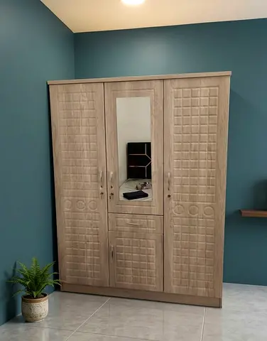 3-Door Wardrobe with Mirror - Light Oak Finish
