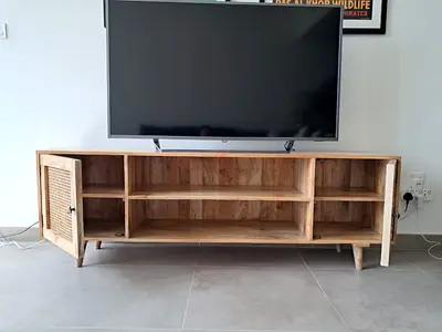 TV Cabinet – Solid Mango Wood with Rattan Doors (Pinky Furniture)