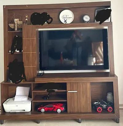 Wooden TV Entertainment Unit with Shelves and Cabinet - Good Condition