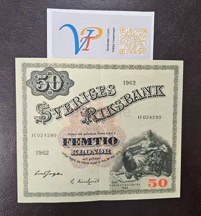 Sweden Vintage 50 Kronor Banknote - 1962 issued with one fold -Collectible