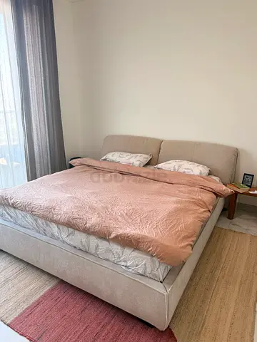 King Size Upholstered Bed with Mattress – Beige Fabric