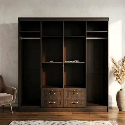 Dark Wood 4-Door Wardrobe with Drawers and Shelves - Excellent Condition