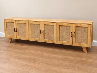 Long wooden TV console / media cabinet with rattan doors