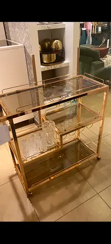Gold Glass Bar Cart on Wheels — 3-Tier Serving Trolley