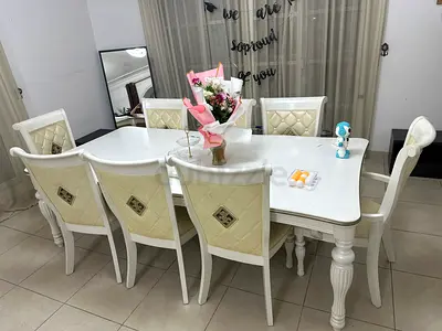 White 8-Seater Dining Table Set with Upholstered Chairs with cupboards