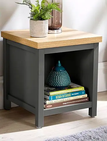 HEAVY WEIGHT wooden side table with open shelf - grey base, oak top