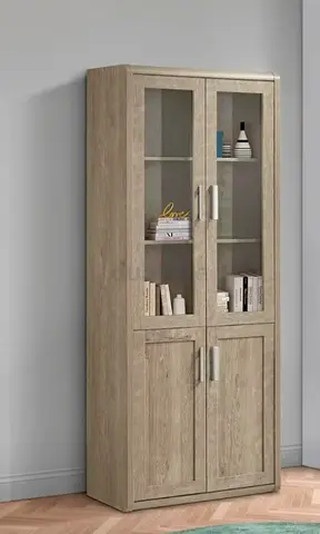 Tall wooden display cabinet with glass doors - oak finish