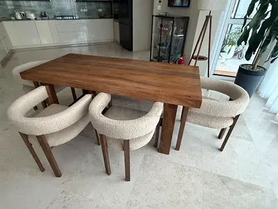 West Elm Solid Wood Extendable Dining Set – Table, Bench & 4 Bouclé Chairs