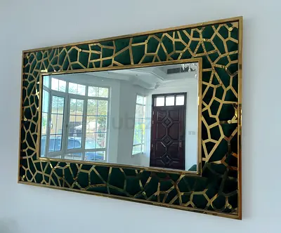Large Decorative Wall Mirror with Green Velvet and Gold Geometric Frame