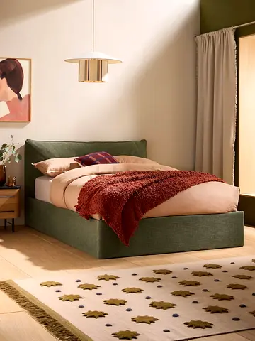 Sage green fabric upholstered queen bed frame