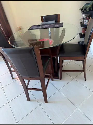 Glass Top Dining Table with 4 Wooden High-lather Chairs