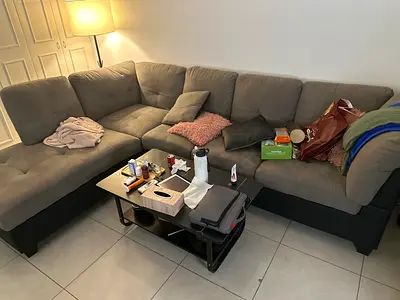 Large L-shaped Grey Fabric Corner Sofa — Comfortable, Good Condition