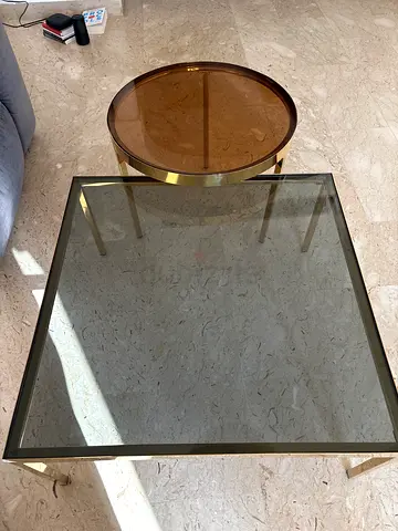 chattel & more .Glass Top Coffee Table with Brass Frame and Matching Round Side Table