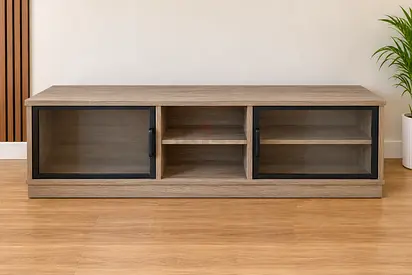 Low TV Cabinet / Entertainment Unit with Glass Doors - Light Oak Finish