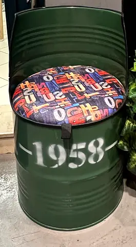 Industrial Green Metal Drum Stool with Padded Seat (Vintage Style)