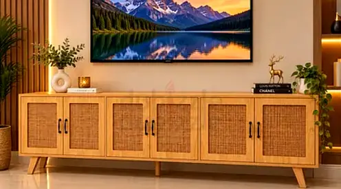 Solid wood TV cabinet with rattan doors – 6-door media console