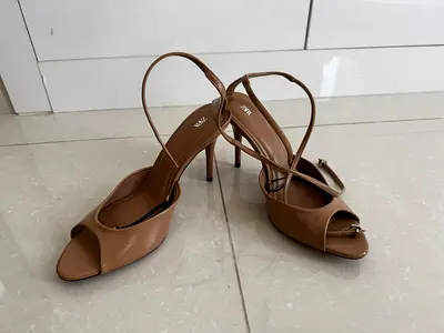Zara Brown Leather Slingback Heels, Size 41- Good Condition