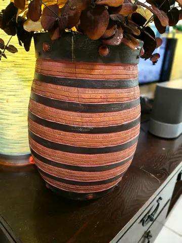 Large Decorative Striped Ceramic Vase with Faux Dried Flowers