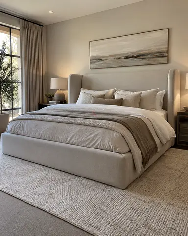 Comfortable Upholstered Bed – Thick Cushioned Headboard – Soft Beige Fabric