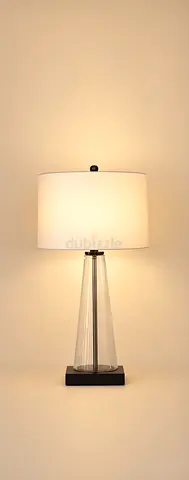 Modern glass table lamp with fabric drum shade - elegant bedside lighting