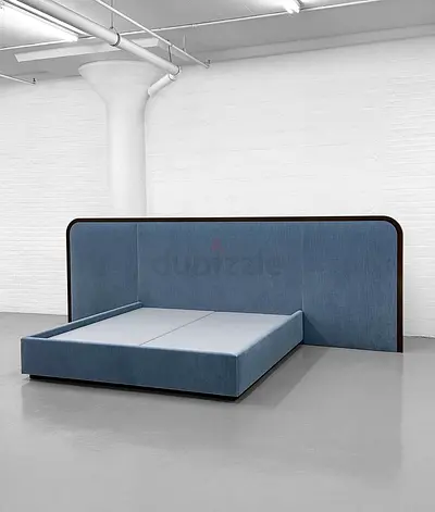 Modern Upholstered Platform Bed with High Padded Headboard - Blue