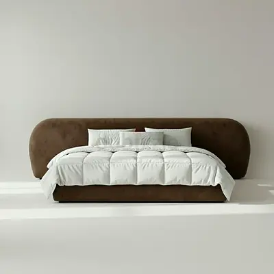 Modern upholstered King bed with curved headboard