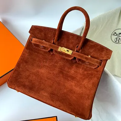 Hermes Birkin 25 Retourne Bag In Brown Doblis Suede Leather