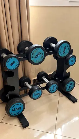 Weights set with bench and rack for sale (5-25kg)