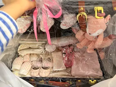 Baby girl luxurious gift box - clothing, shoes, blanket and accessories with plush toys