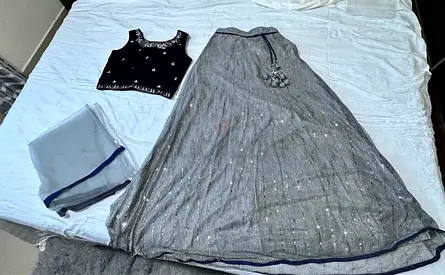 Grey embroidered lehenga with matching blouse and dupatta - Size S to M