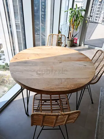 Solid Wood Dining Table with 3 Rattan Chairs – Complete Set