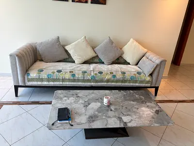 4 seater modern fabric sofa with marble coffee table - excellent condition, used in a small family