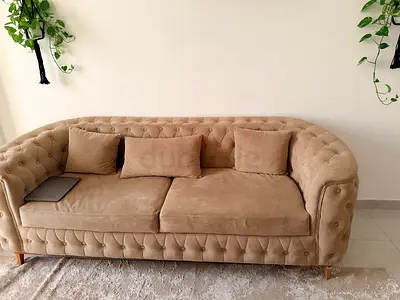 Beige Tufted 3-Seater Sofa — Good Condition