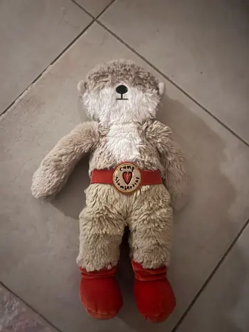Soft vintage teddy bear with red boots and belt - good used condition