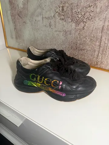 Gucci Rhyton Sneakers, Black Leather with Rainbow Logo, UK 7 / EU 41