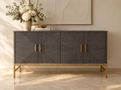 Modern Grey Sideboard Cabinet with Gold Base — 4-Door Storage