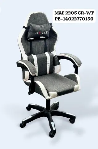 Grey and white ergonomic gaming/office chair with head and lumbar support