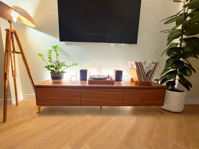 Rare Find: Walnut & Brass TV Console with 3 Soft-Close Drawers