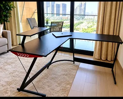 L-shaped Black Gaming/Office Desk with Monitor Stand - Excellent Condition
