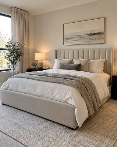 Comfortable Upholstered Bed – Thick Cushioned Headboard – Soft Beige Fabric
