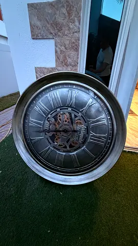 Large Vintage-Style Metal Wall Clock with Exposed Gears
