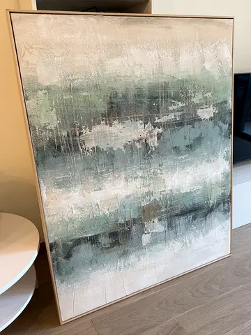 Abstract textured wall painting with muted greens and greys, framed - Great Condition