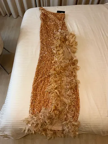Gold sequin evening gown with feather trim — size S - Fashionnova