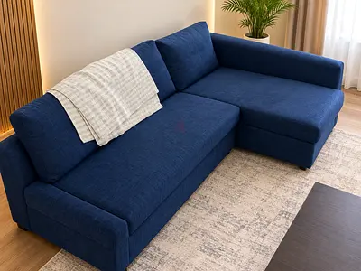Blue L-shaped Fabric Sofa - Good Condition, Right-side Chaise