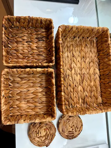 Handmade woven rattan storage baskets set with coasters