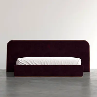 Modern upholstered King bed frame with headboard (dark plum)