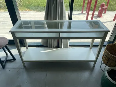 White Console Table with Glass Top and Lower Shelf