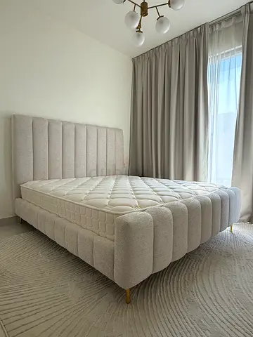 King size upholstered bed with headboard - light beige, with mattress- perfect condition